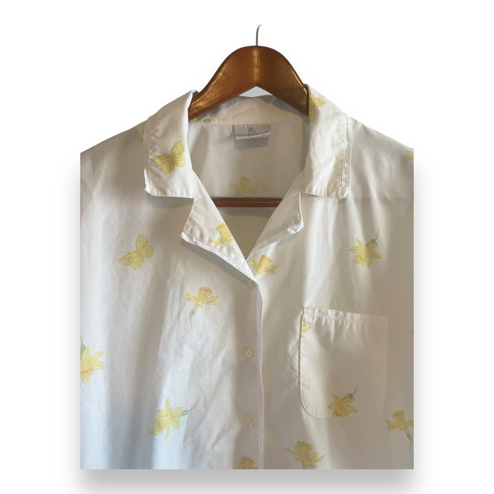 Yves Delorme Women White Yellow Daffodil Butterfly Cotton Sleep Shirt Size L - Picture 2 of 4
